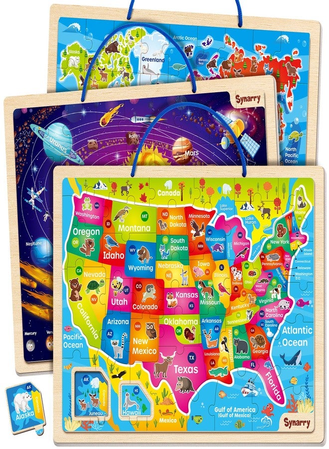 SYNARRY Large USA World Solar System Wooden Magnetic Puzzles for Kids Ages 4-6, Wood Puzzles Educational Games Toys Gifts for Toddlers, United States World Planet Space Map for Boys Girls Ages 3-5 4-8 - Image 1